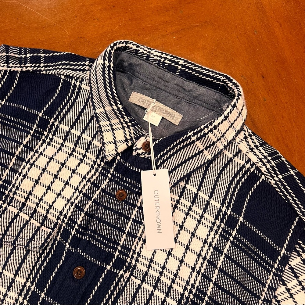 NEW OUTERKNOWN Flannel Blanket Shirt‎ Atlantic Blue Bigbury Plaid Small - Picture 7 of 16